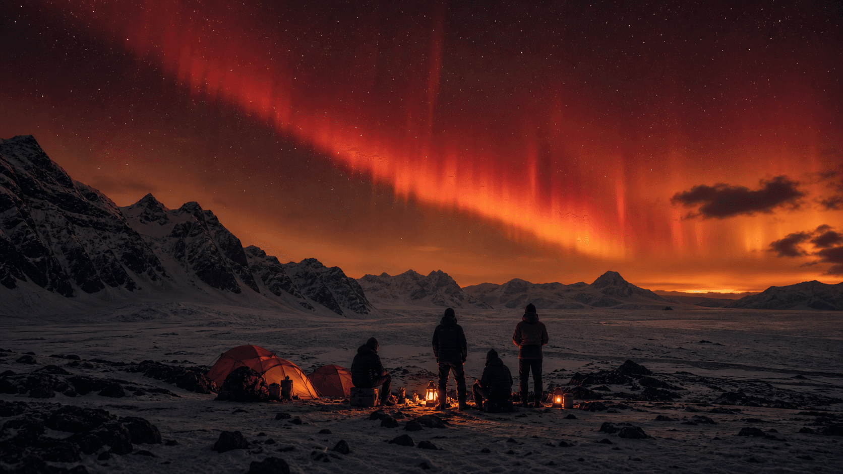 Cold expedition camp under northern lights