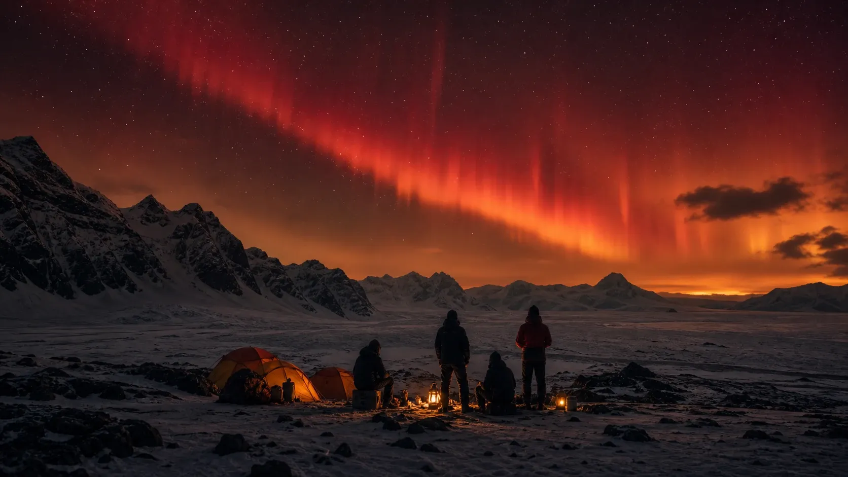 Cold expedition camp under northern lights