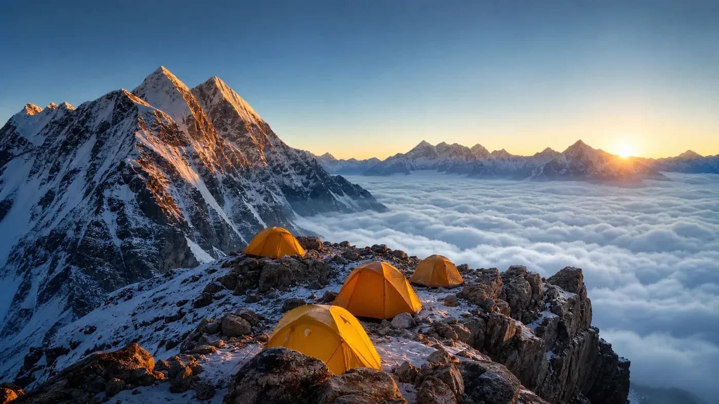 Cliffside Himalayan high camp above clouds