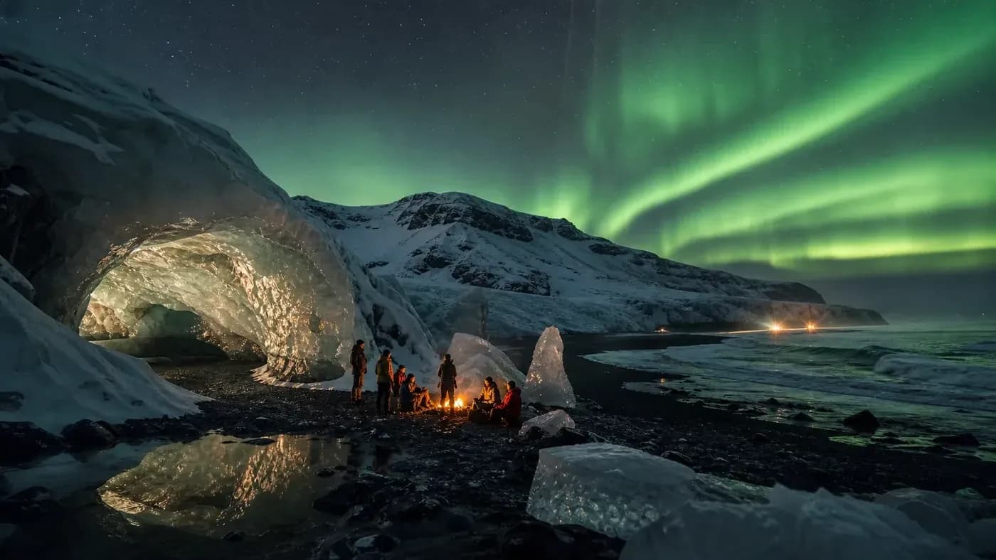 Aurora over a winter expedition route